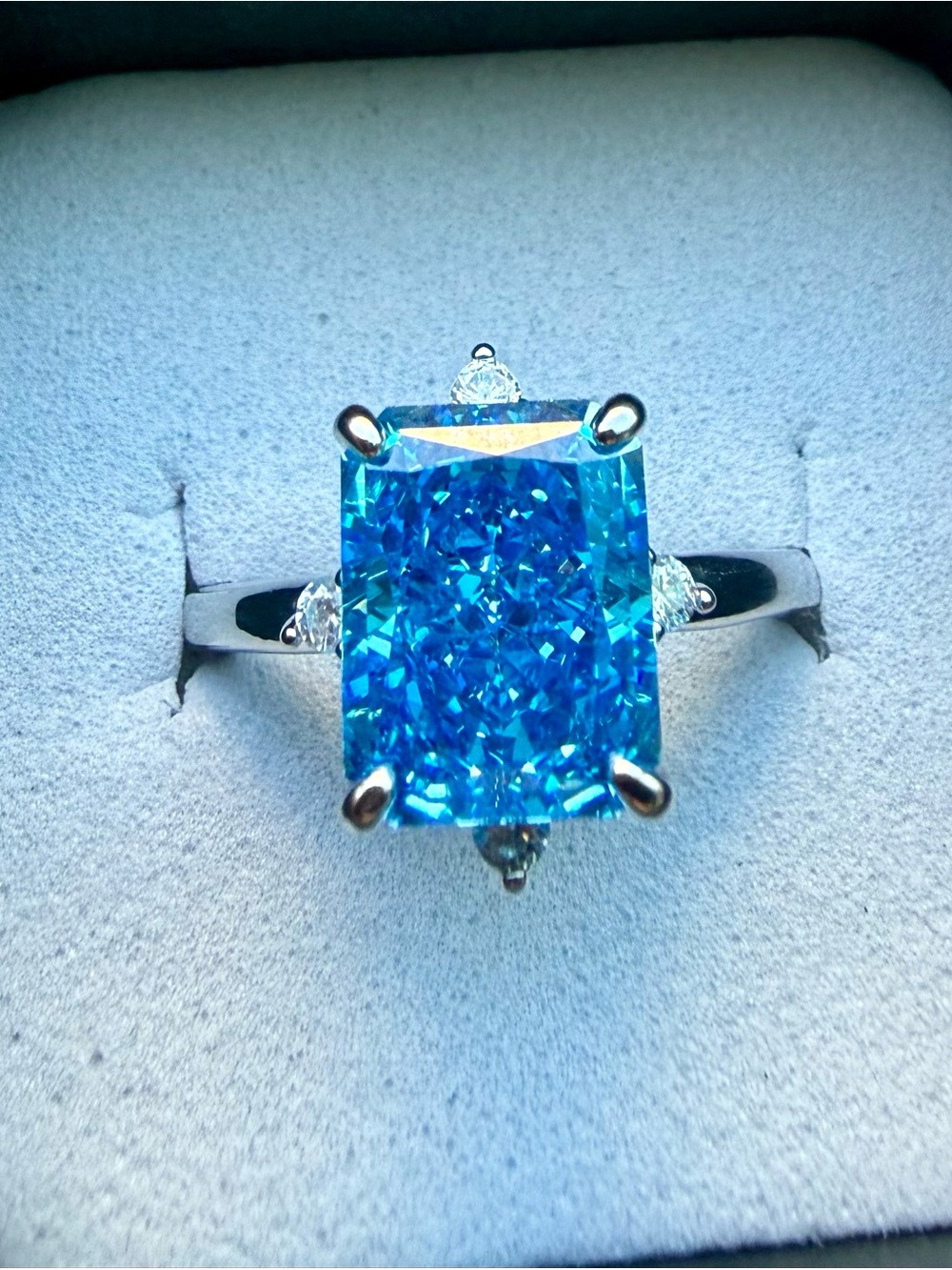 NEW! 14K White Gold Plated with Blue Cushion-Cut Gemstone Statement Ring